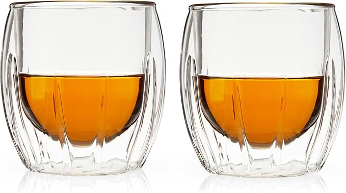 Viski Double-Walled Spirits Glasses, Insulated Liquor Tumblers with Cut Crystal Design, Dishwasher Safe 8.5 Oz, Clear, Set of 2