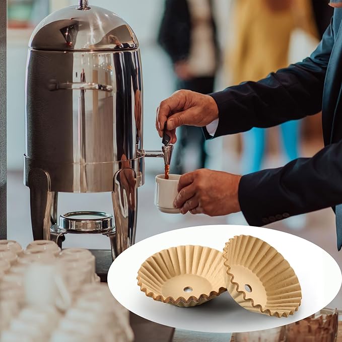 Feifeiya 100 Pcs Pre-punched Holes Coffee Filters for 30cup 45cup 100 Cup Coffee Urn Brewing Basket & Hot Beverage Dispenser Disposable Natural Wood Pulp Paper Filters with Tall-sided Design(Brown)