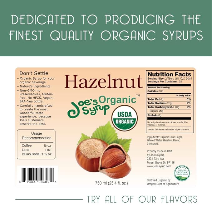 Joe’s Syrup Organic Flavored Syrup, Organic Hazelnut, 750 ml (3 Pack)