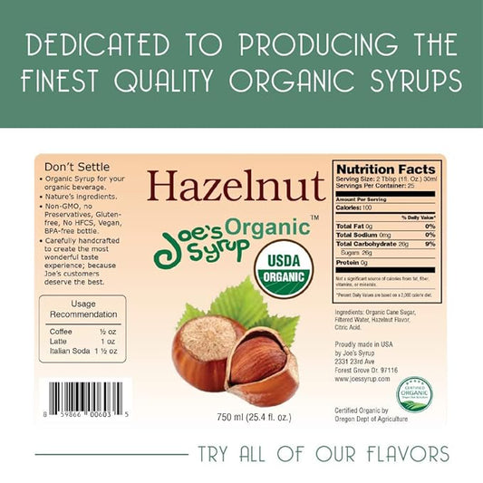 Joe’s Syrup Organic Flavored Syrup, Organic Hazelnut, 750 ml (3 Pack)