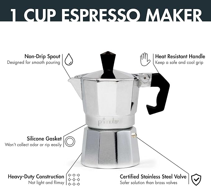 Primula Classic Moka Pot | 1-Cup Stovetop Espresso Maker | Italian & Cuban Café Style | Silver