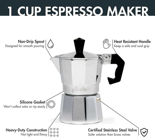 Primula Classic Moka Pot | 1-Cup Stovetop Espresso Maker | Italian & Cuban Café Style | Silver