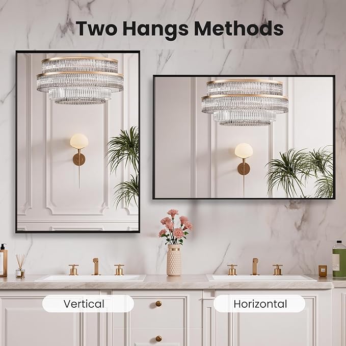 LOAAO Black Bathroom Mirror 28"X32" for Wall, Rectangle Bathroom Vanity Mirror, Hangs Vertically or Horizontally, Easy to Install, Modern Design