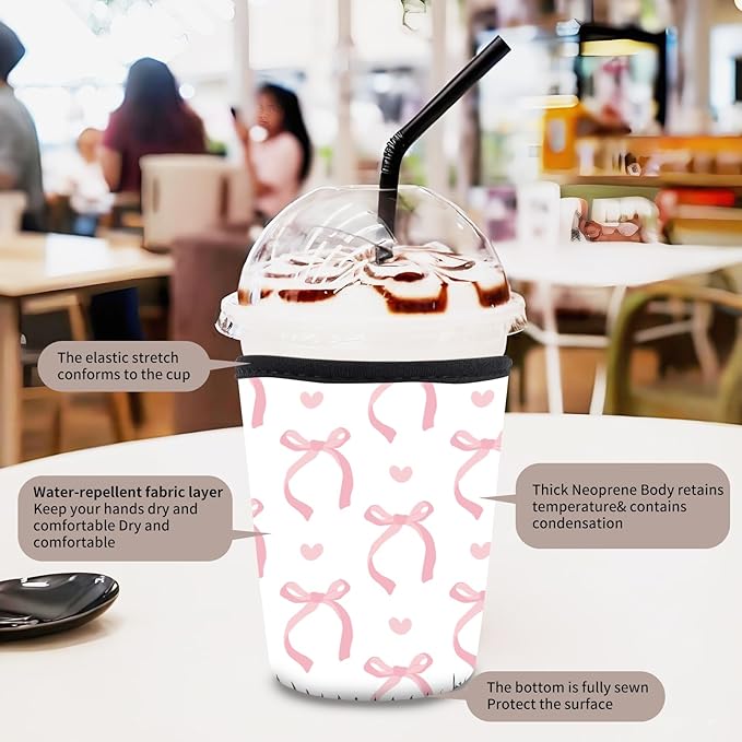 3 Pack Reusable Neoprene Insulator Sleeve for Iced Coffee Cups, Funny Coffee Cup Sleeves for 16-32oz Coffee cups, Cute Drink Sleeve for Cold Hot Beverages Cute Pink Bows