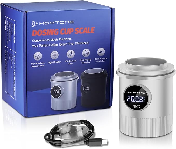 HOMTONE Dosing Cup & Coffee Scale Combo,One-touch Easy Control, Multi-Purpose for Espresso, Drip Coffee, French Press& More – Fits 58mm Portafilters, Waterproof & Easy Cleaning (silver)