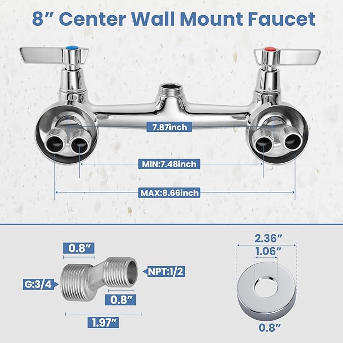 Airuida Chrome Polish Wall Mount Kitchen Sink Faucet 8 Inch Center Unility Faucet Wall Mounted Double Lever Handles Commercial Faucet with 360 Degree Rotation Sprayer Brass Valve Body Mixer Tap