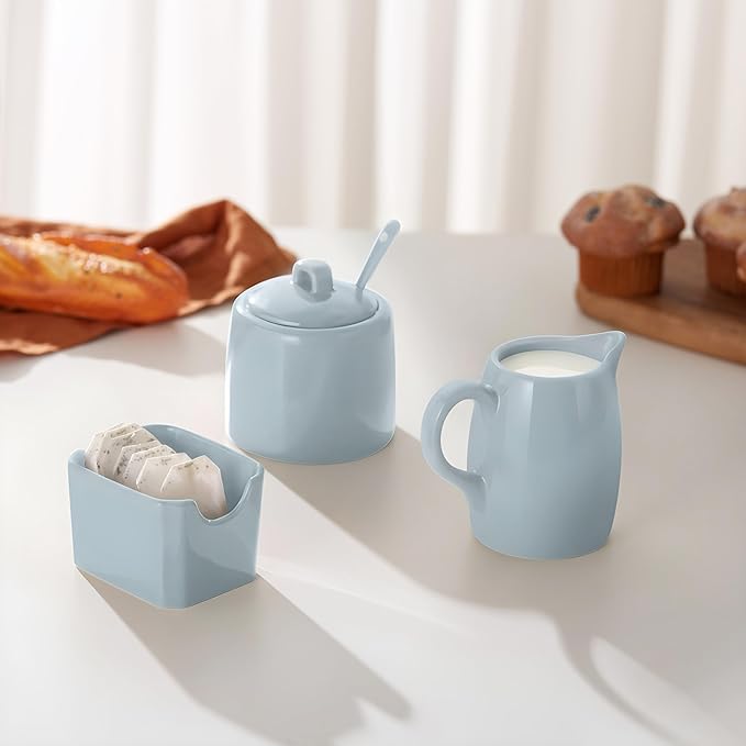 KooK Sugar and Creamer Set, 3 Piece, Pitcher, Sugar Bowl with Lid and Spoon, Sweetener Holder, Casper Blue
