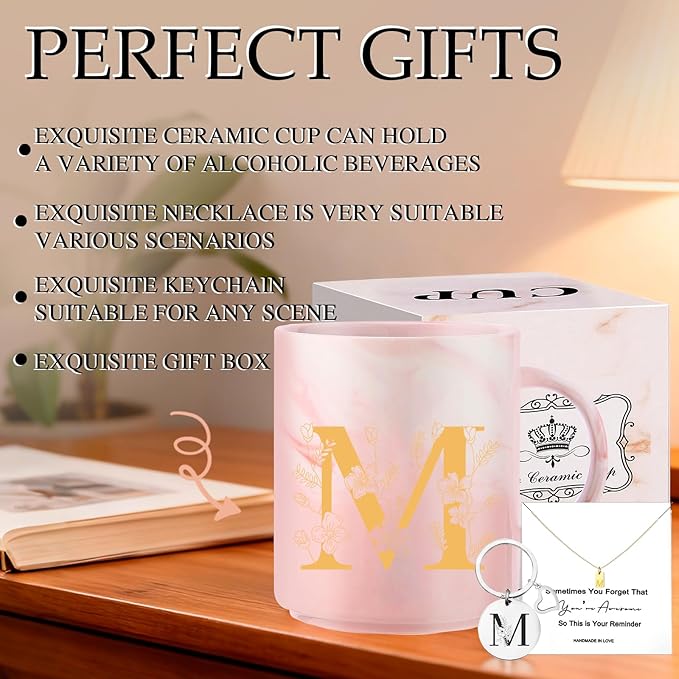 Monogrammed Valentine Days Gifts for Women, 11 oz Initial Ceramic Coffee Tea Mug with Necklace, Unique Mohters Day Birthday Gift for Her Wife Teacher Friend Mom, M