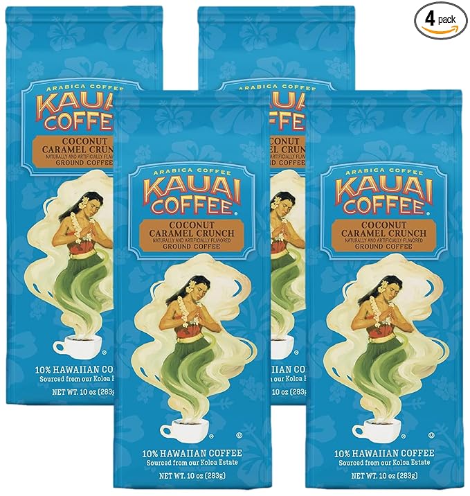 Kauai Coffee Coconut Caramel Crunch Medium Roast | Ground Coffee | 10 oz Package | Pack of 4