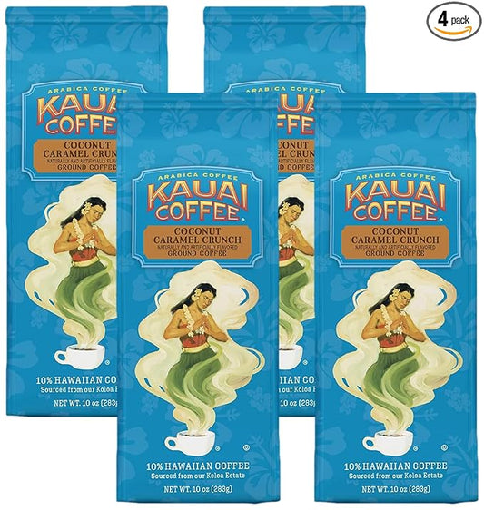 Kauai Coffee Coconut Caramel Crunch Medium Roast | Ground Coffee | 10 oz Package | Pack of 4