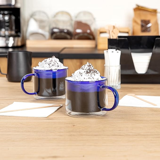 Restaurantware Coffee Cups 2 Pack of 11 oz Double Wall Glass Insulated Coffee Cup Borosilicate Mug Thermal Shock Resistant Handle Modern Design