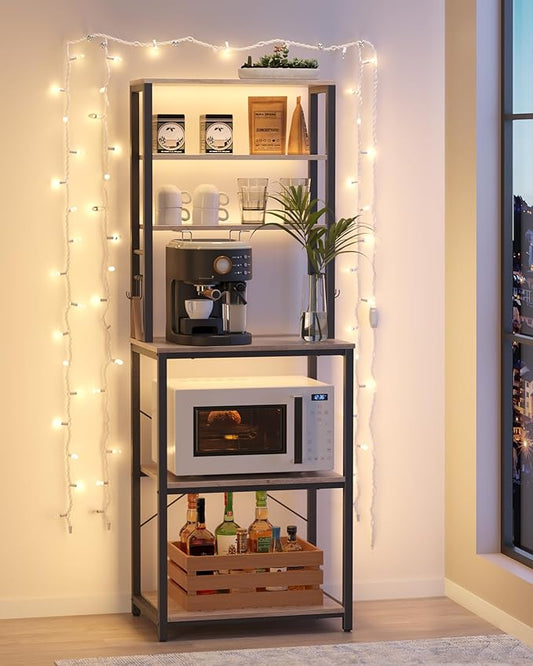 VASAGLE Coffee Bar, 23.6 Inches Baker's Rack for Kitchen with Storage, 6-Tier Kitchen Shelves with 6 Hooks, Microwave Stand, Industrial, Heather Greige and Ink Black UKKS024B02