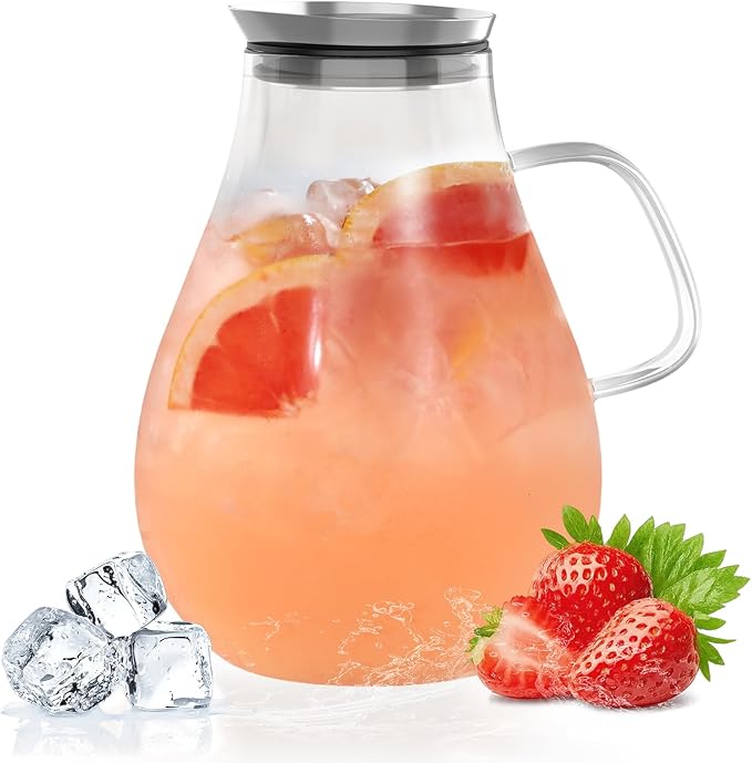 Glass Pitcher With Lid, 2.5 Liter 85 oz Glass Water Pitcher For Fridge, 0.66 Gallon Pitchers With Handle And Lid, Tea Jug Carafe Jar For Hot/Iced Water Milk Juice Coffee Fruit