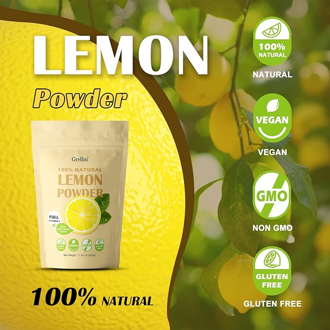 Grelim Lemon Powder 11.30 Oz, 100% Freeze Dried Powder, Filler Free, Gluten-Free, Rich in Natural Vitamin C Fresh Squeezed Lemon Flavor Great for Beverages, Smoothies 320g