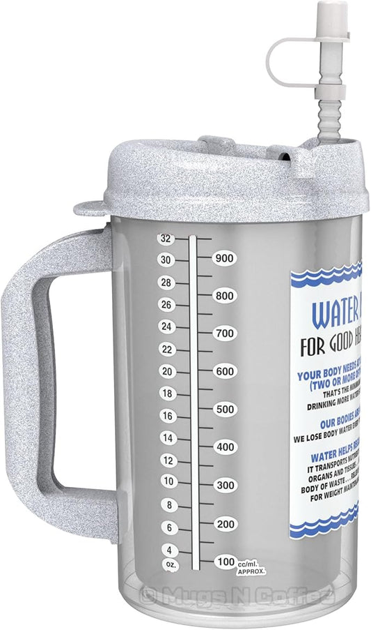 Mugs N Coffee 32 oz Travel Mug – Granite Water is Essential Hospital Mug – Double Wall Insulated, Large Handle – BPA-Free, Leak-Resistant – Includes Lid and Straw – Made in USA
