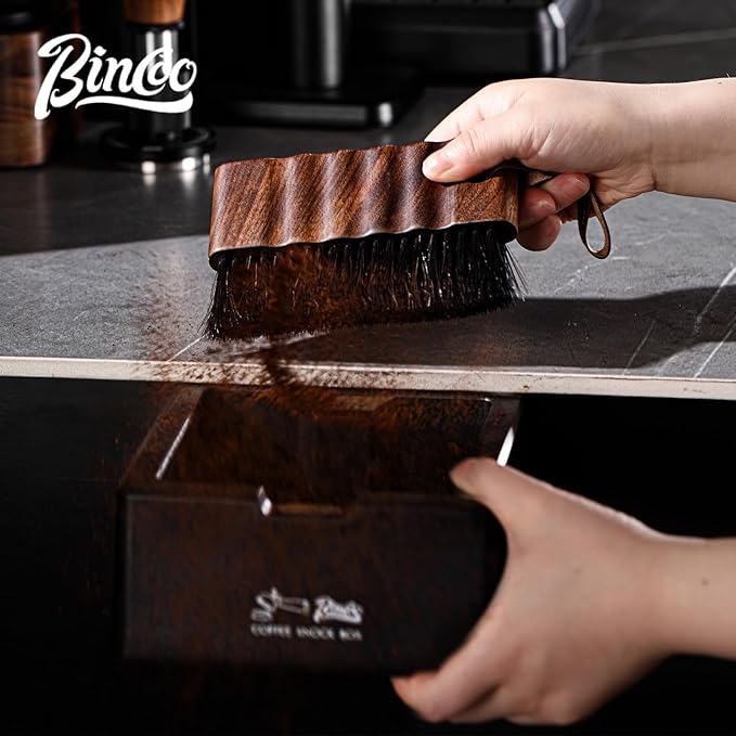 Bincoo Coffee Brush with Cleaning Cloth - Wooden Handle Cleaning Brush for Grinders, Espresso Machines & Countertops, Reusable Barista Tool with Hanging Hook for Coffee Grounds Removal