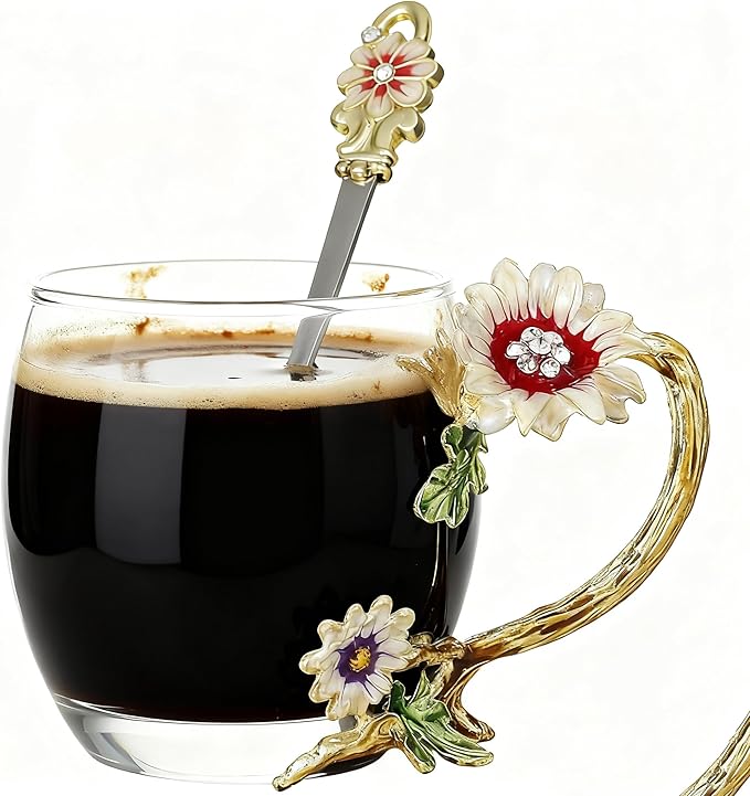 Flower Glass Tea Cup With Spoon Set, Ideal Gift For Mothers Wife Grandma Women Friends On Valentines Day Christmas Birthday, Durable Coffee Mug (Chrysanthemum, 11 OZ)