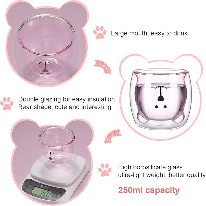Patelai 2 Pcs Cute Bear Mugs Insulated Double Wall Glass Bear Cups for Christmas Birthday Gifts Animal Tea Milk Juice Chocolate Cappuccino Cups Home Glass Mugs for Baby Shower(White, Pink)
