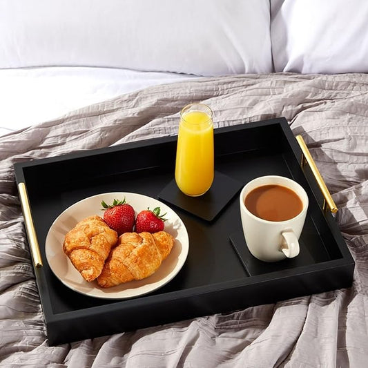 Juvale Wooden Serving Tray - 15.7 x 11.8 x 3.1 in, Black Rustic, Includes 2 Coasters - Decorative Tray with Interchangeable Gold & Silver Handles - Sofa & Ottoman Use, Coffee Table Decor