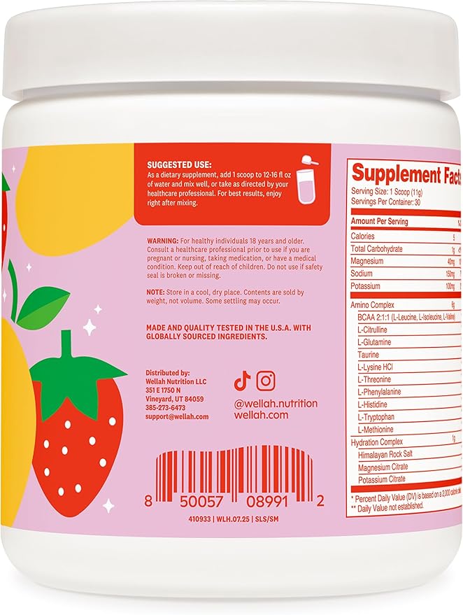 Wellah So Long Soreness BCAA Powder (Strawberry Mango Flavored) 30 Servings - with Hydration Complex