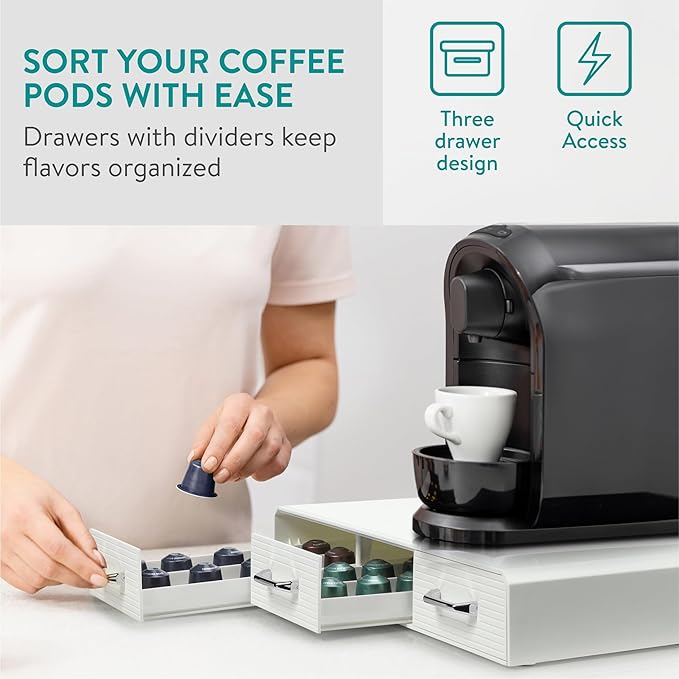 Navaris Coffee Capsule Triple Drawer - Coffee Pod Storage Drawer - Space-Saving Coffee Pods Organizer for Your Kitchen - Coffee Holder for Countertop - Fits Up to 48 Cups - White