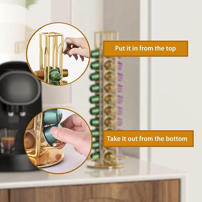 SEVENLINE Coffee Pod Holder Stand Compatible With Nespresso Original Pods Carousel Storage Rack Capsules Organizer For 40 Capsules (Gold)