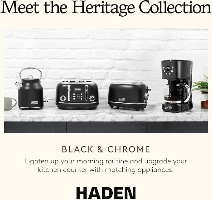 Haden Coffee Machine, 12 Cup Programmable Drip Coffee Maker with Auto Shut-Off Function and Reusable Washable Water Filter, Black & Chrome
