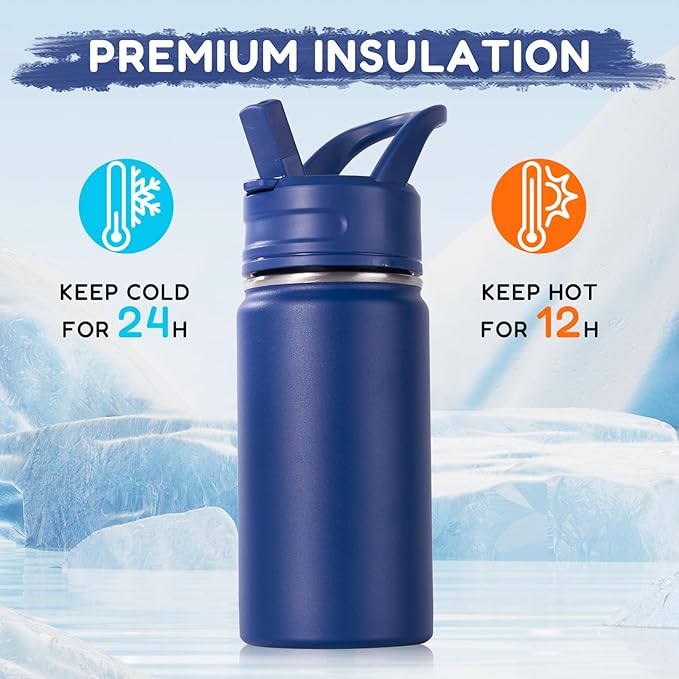 12oz Kids Water Bottle for School, Toddler Water Bottles with Straws, Insulated Water Bottles for Boys&Girls, Stainless Steel Vacuum Insulated Bottle for Kids, Leak-Proof, BPA-Free, Blue