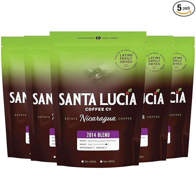Santa Lucia Coffee - 2014 Nicaraguan Roast Coffee - Rich in Minerals - Low Acididity - Natural Sweetness - Strong & Bold Flavor - Subtle Undertones & Smoothness - Ground - 16oz. (Pack of 5)