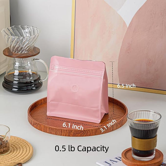 50 Pcs 0.5lb Pink Sqaure Coffee Bean Bags with No-Valve, Easy Tear Open & Repeating Sealed Zipper, Heat-Seal Stand Up & Flat Bottom Tea Bag, 8oz Capacity 7.6.1x6.5 Inch