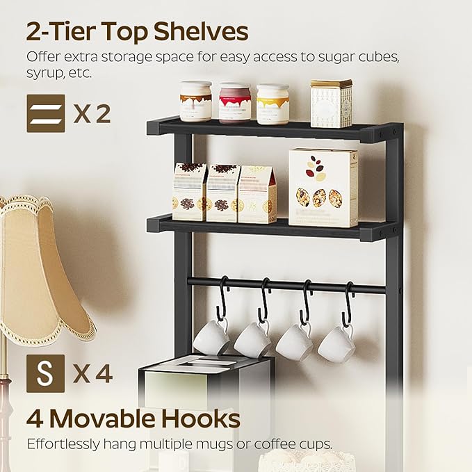 Bakers Rack, 5-Tier Coffee Bar Station, Coffee Stand with Pod Drawer Holder, Versatile Kitchen Storage Rack with 4 Hooks, for Living Room, Cafe Corner, Black KF01BB