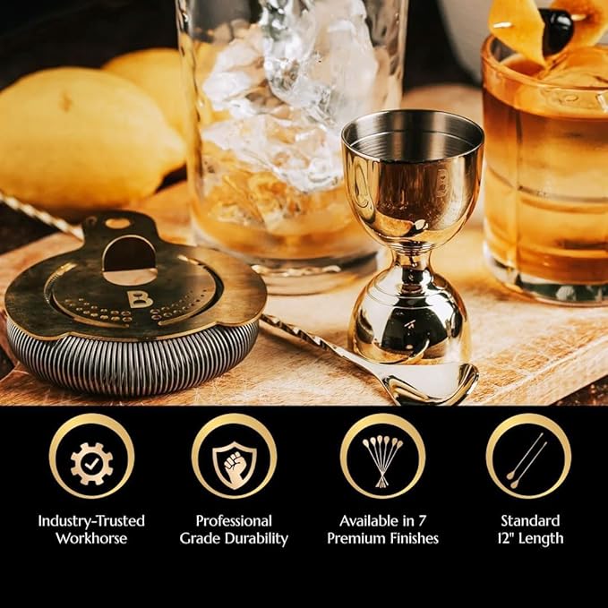 Teardrop Barspoon by Bull In China - 12" / 30cm Antique Brass Weighted Cocktail Stirring Spoon With Spiral Pattern for Bars & Bartenders