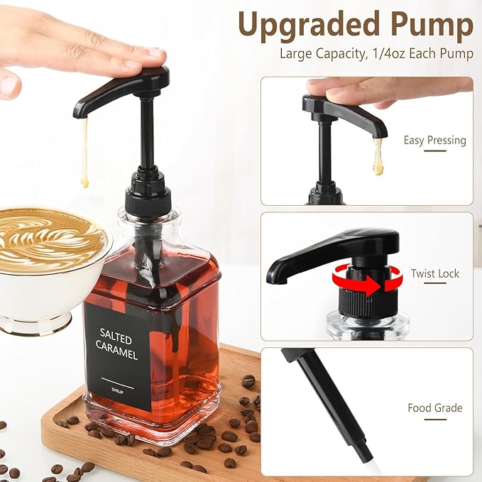3 Pack 16.9oz (500ml) Glass Coffee Syrup Dispenser with Pump, Syrup Pump Dispenser for Coffee Bar, Coffee Syrup Bottles with Labels