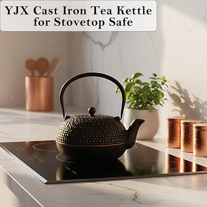 YJX 60.9oz Large Cast Iron Teapot for Stovetop Safe, 6 Cup Tea Kettle, Japanese Tetsubin, Teapot with Stainless Steel Infuser for Loose Tea, Tea Pot Enameled Interior (1.7QT/1.8L)