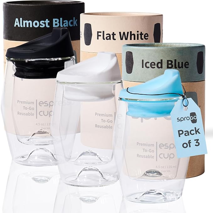 To-Go Espresso Glass Travel Mug with Lid, Reusable Double Wall Glass Tumbler, Fits Most Coffee Makers/Cupholders for Your Car, Gifts for Coffee Lovers 3-Pack Black, White & Blue Cortado Cups