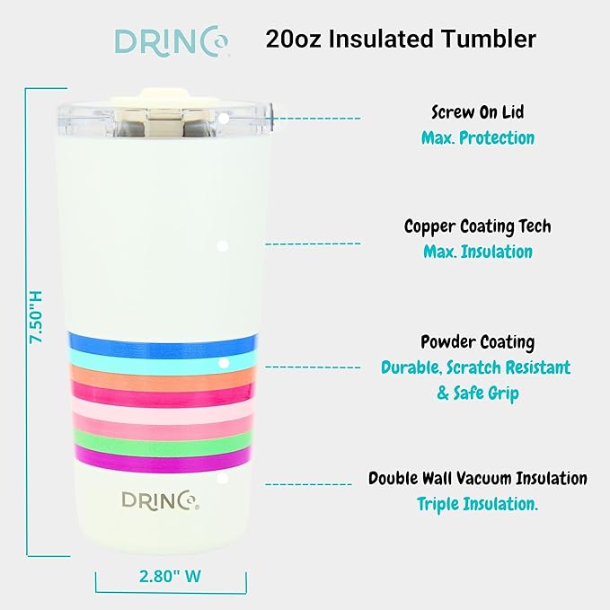 Drinco - 20 oz Stainless Steel Tumbler | Double Walled Vacuum Insulated Mug With Lid, 2 Straws, For Hot & Cold Drinks (20oz Stripe)