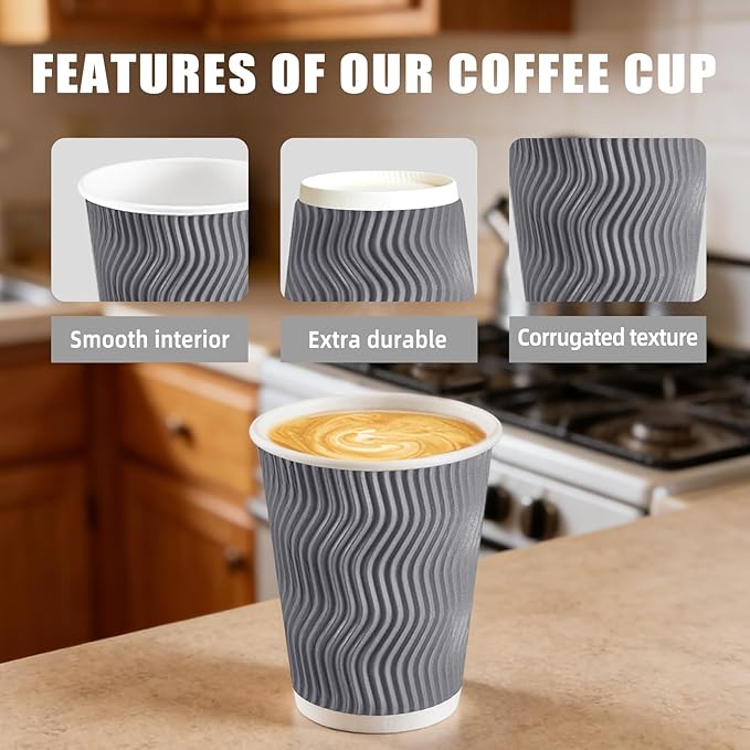 BYSNOW 100 Pack 8 oz Coffee Cups with Lids, Disposable Insulated Hot Cups To Go Paper Coffee Cups, Corrugated Ripple Wall Cup for Hot Drink, Office, Coffee Bar (Grey 8 oz)