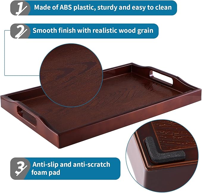 MDLUU Plastic Serving Tray, Ottoman Tray with Cutout Handles, Rectangle Butler Tray for Breakfast in Bed, Coffee Table Decor, Party (Red Brown)
