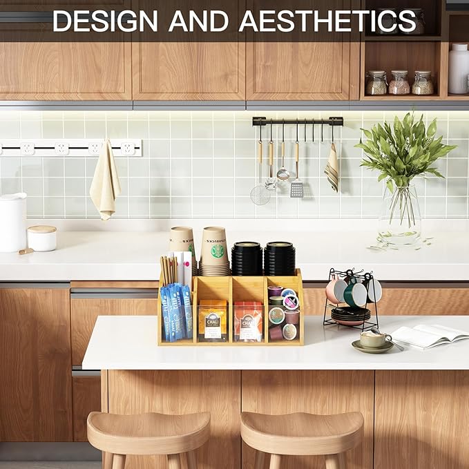 AEEHFENG Coffee Station Organizer Condiment Organizer for Countertop Farmhouse Coffee Caddy with Removable Dividers Small Cute Office Bar Accessories for Tea Bags, Pods, Syrup, Cups, and Stirrer