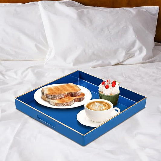 MAONAME Decorative Tray, Royal Blue Serving Tray with Handles, Coffee Table Trays, Square Plastic Trays for Ottoman, Bathroom, Kitchen, 13" x 13" x 1.57"