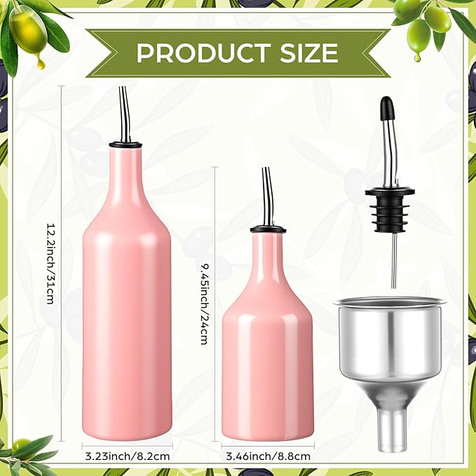 Set of 2 Ceramic Pink Olive Oil Dispenser Bottle for Kitchen with Stainless Steel Spout Large Capacity for Storage of Oil, Vinegar, Coffee Syrups & Other Liquids