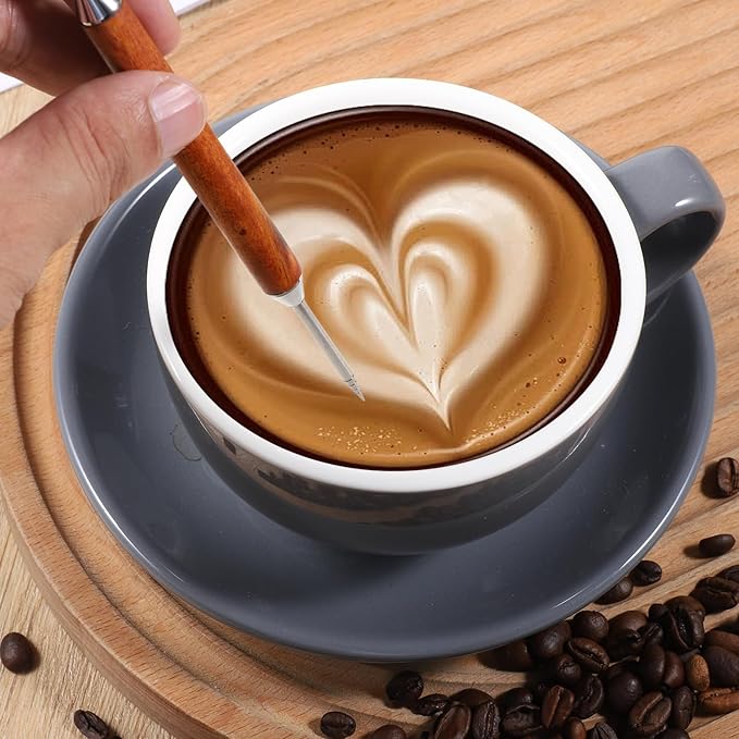 2 Pack Latte Art Pen, Stainless Steel Coffee Drawing Tool with Wood Handle, Barista Tools for Espresso Designs, Home and Cafe Use
