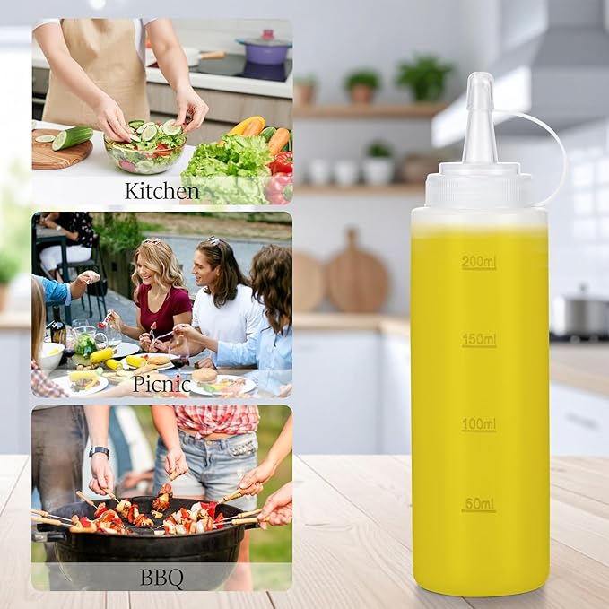 Katfort Condiment Squeeze Bottles Ketchup Dispenser, 6 Pack 8oz Squeeze Bottles for Liquids, Plastic Sauce Bottle with Cap Lid, Squirt Bottles for Sauces Liquids BBQ Dressing Pancake Art