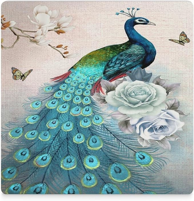 Peacock Drink Coasters, Square Ceramic Drink Coaster Square-6PCS, Vintage Tree Branch Beautiful Teal Peacock Floral Decor Absorbent Ceramic Coasters for Beverage Cup, Bar, Coffee Table