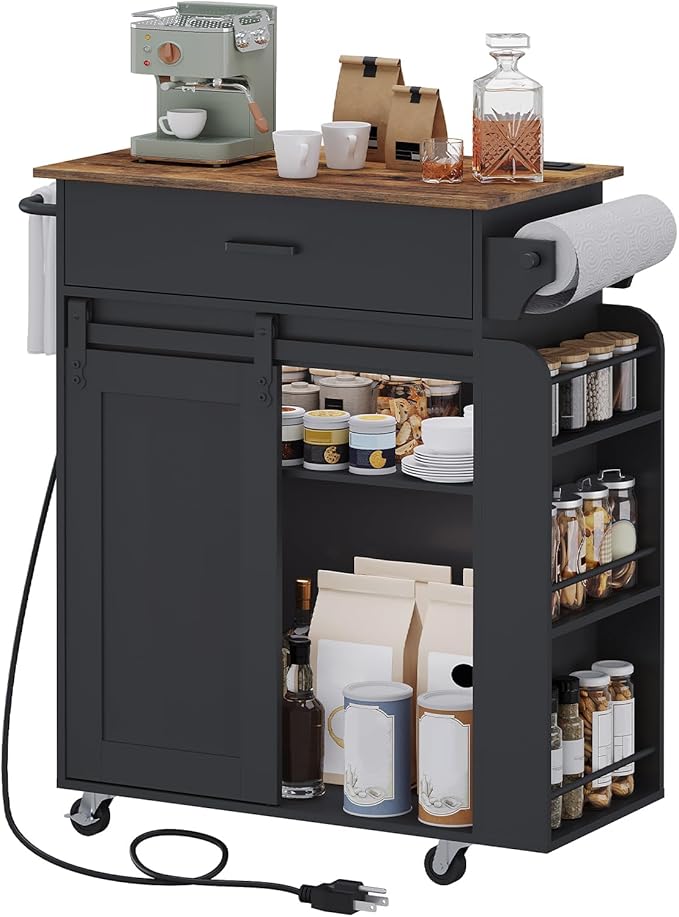 Kitchen Island with Storage, Kitchen Storage Cabinets with Charging Station, Kitchen Island on Wheels, Rolling Island Table with Sliding Cabinet Door, Black and Rustic Brown ZD01UBR