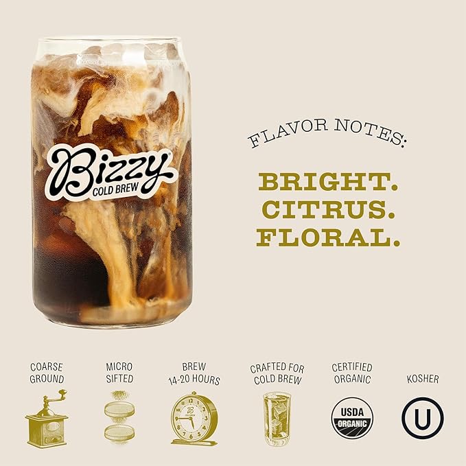 Bizzy Organic Cold Brew Coffee | Light & Bright Blend | Coarse Ground Coffee | Light Roast | Micro Sifted | Specialty Grade | 100% Arabica | 1 LB