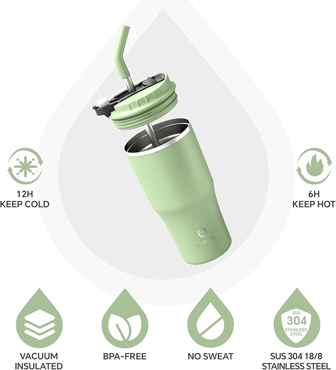 Ideus Insulated Tumbler with Lid and Straw 18 oz, Stainless Steel Double-Wall Vacuum Leak-Proof Travel Coffee Mug, Cup Holder Friendly, Avocado Green