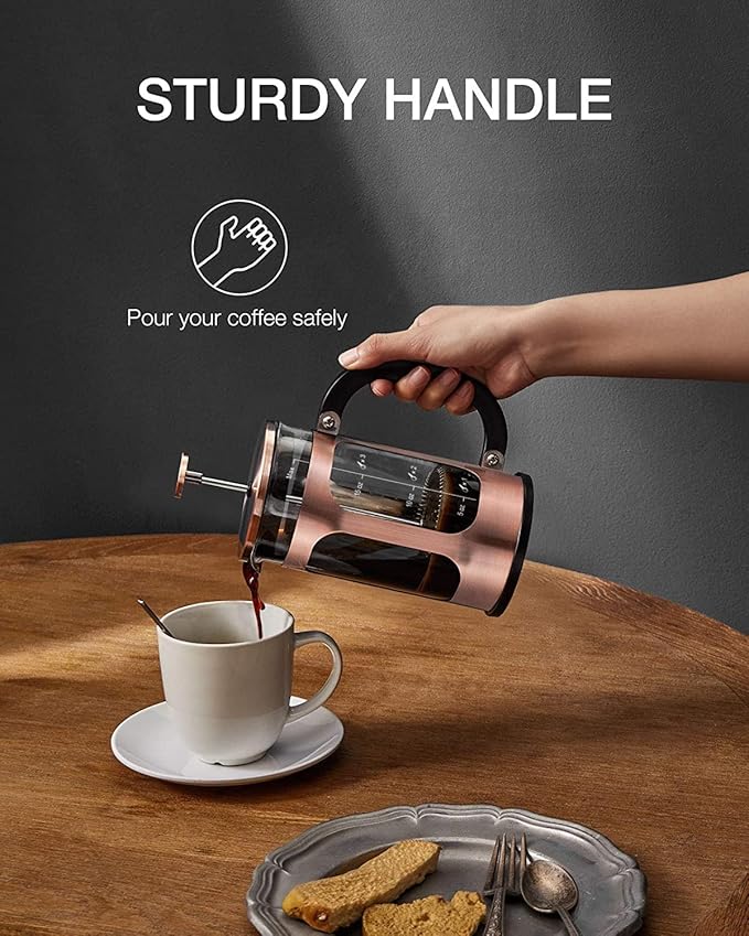 BAYKA French Press Coffee Tea Maker Small, Heat Resistant Thickened Borosilicate Glass Stainless Steel Single Serve Brewer, Cold Brew Cafetera Teapot, 21 Ounce 0.6 Liter,Copper