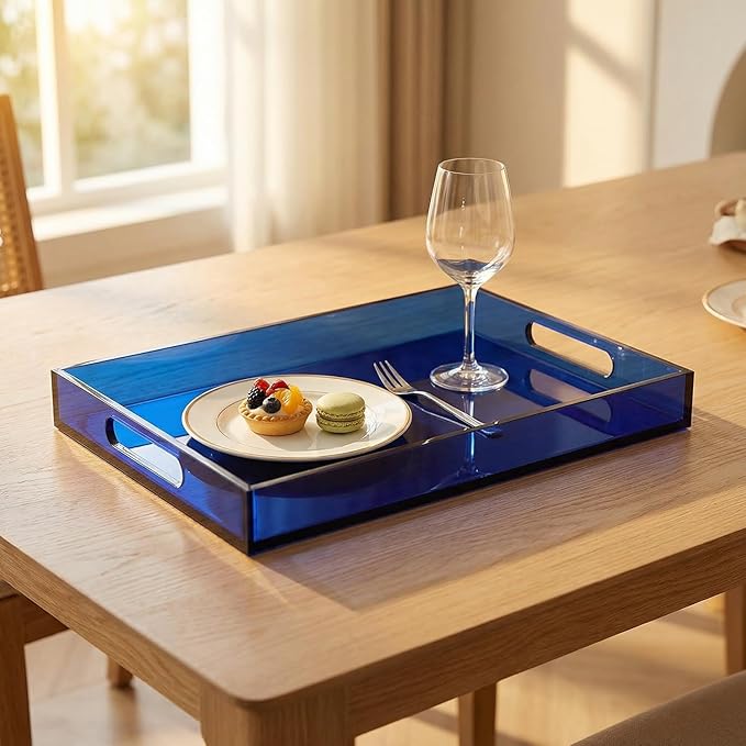Sturdy 16" Acrylic Serving Tray with Handles - Ottoman Coffee Table Organizer for Food, Tea, Snacks, Vanity & Kitchen Countertop - Multi-Use for Bathroom, Living Room, Bar Parties (Dark Blue)