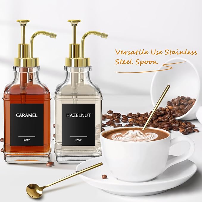 Coffee Bar Accessories, Coffee Syrup Dispenser 16.9 fl oz/500ml, Glass Syrup Dispenser with Gold Pump Dispenser, Labels, Spoons for Coffee Bar, 4 Pack